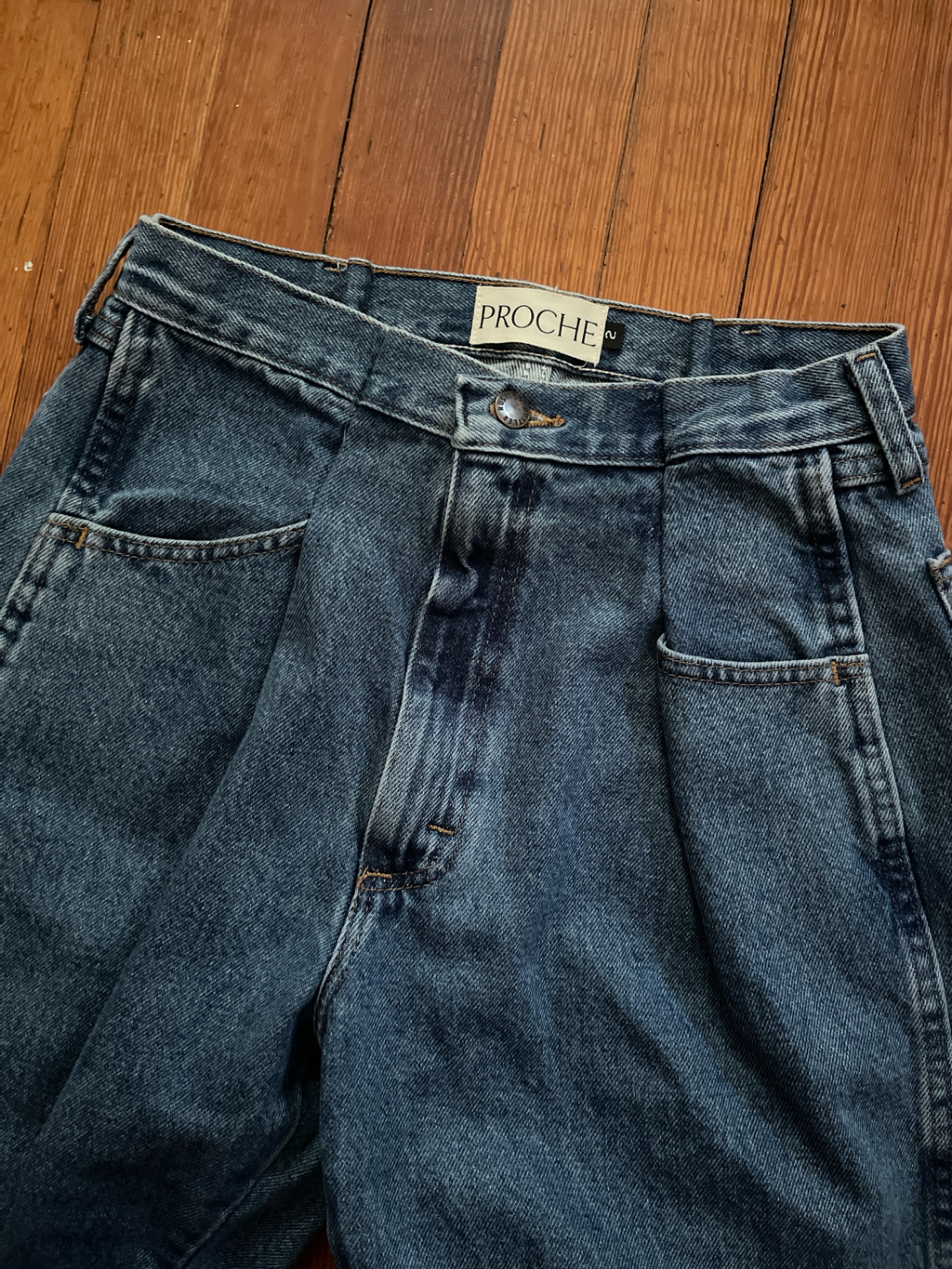 Nwot Proche Upcycled Front Pleat Denim In Medium Wash Jeans Raw Hem Recycled — image 7 of 8